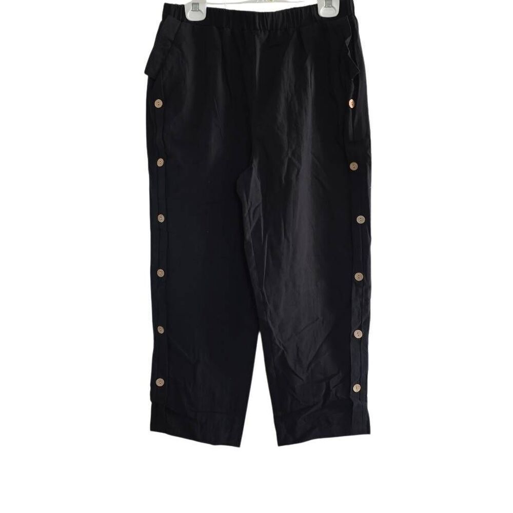Shein Women's Size 12 Black Linen Style Button Side Wide Leg Trousers